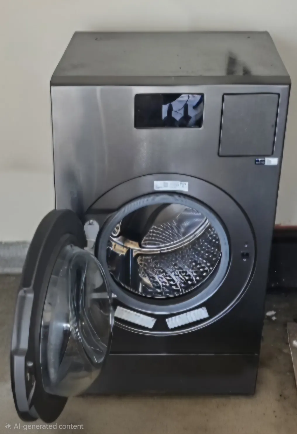 All-in-one washer dryer with its door open, showing the drum