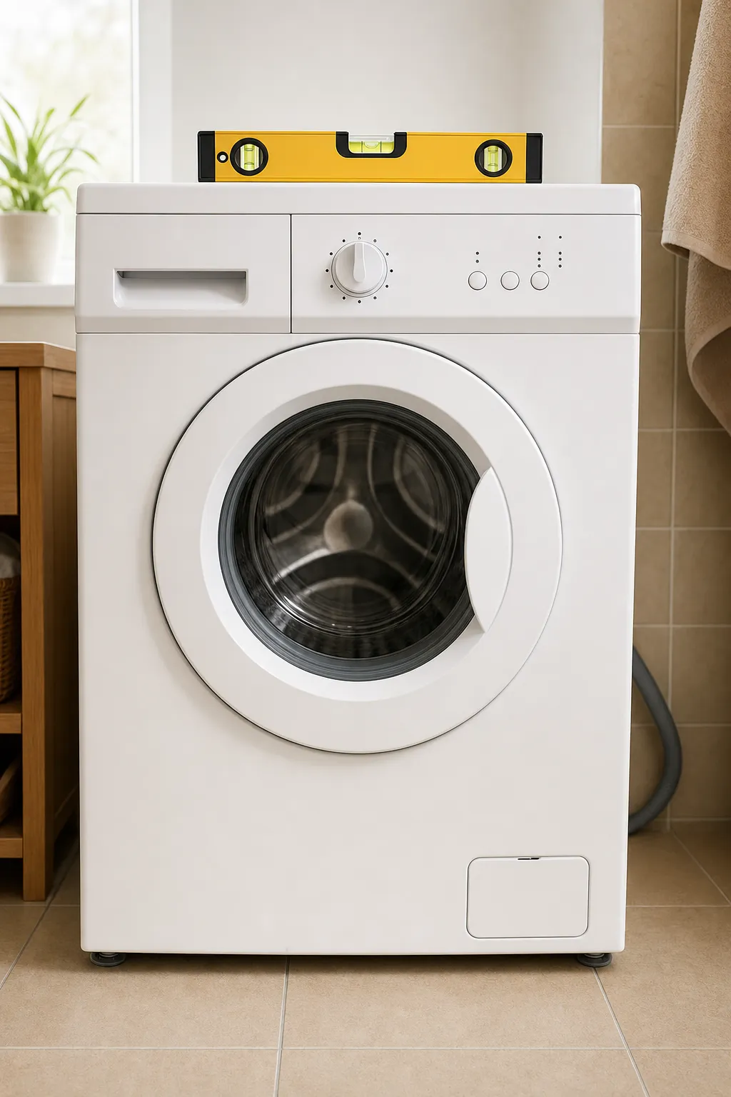 Level placed on top of a front-loading washing machine in a laundry room