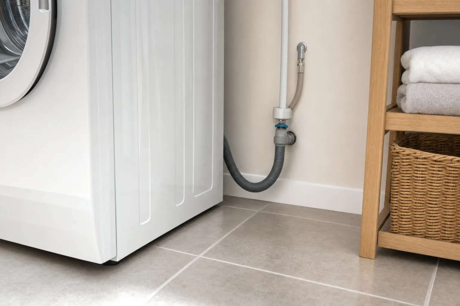 Washing machine drain hose routed neatly behind a laundry appliance