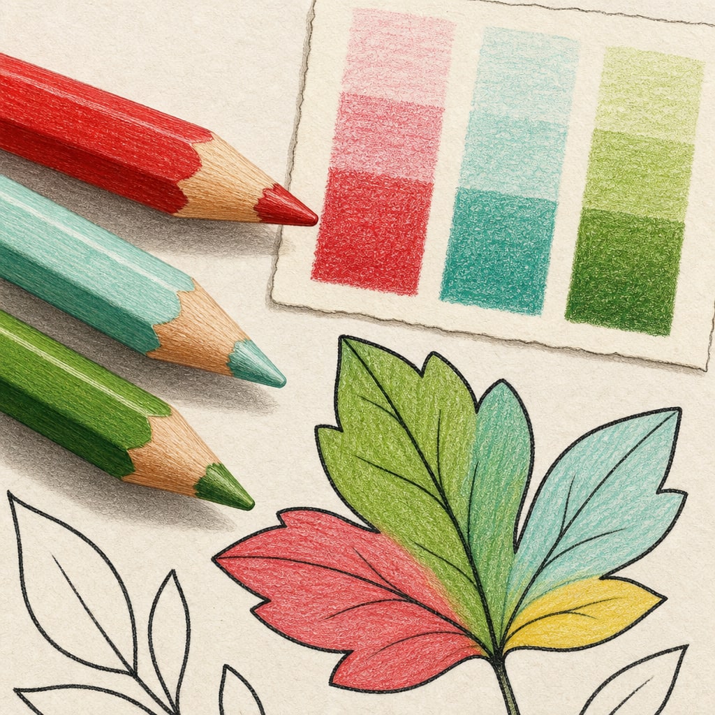 Colored pencil tips beside layered red, aqua, and green swatches