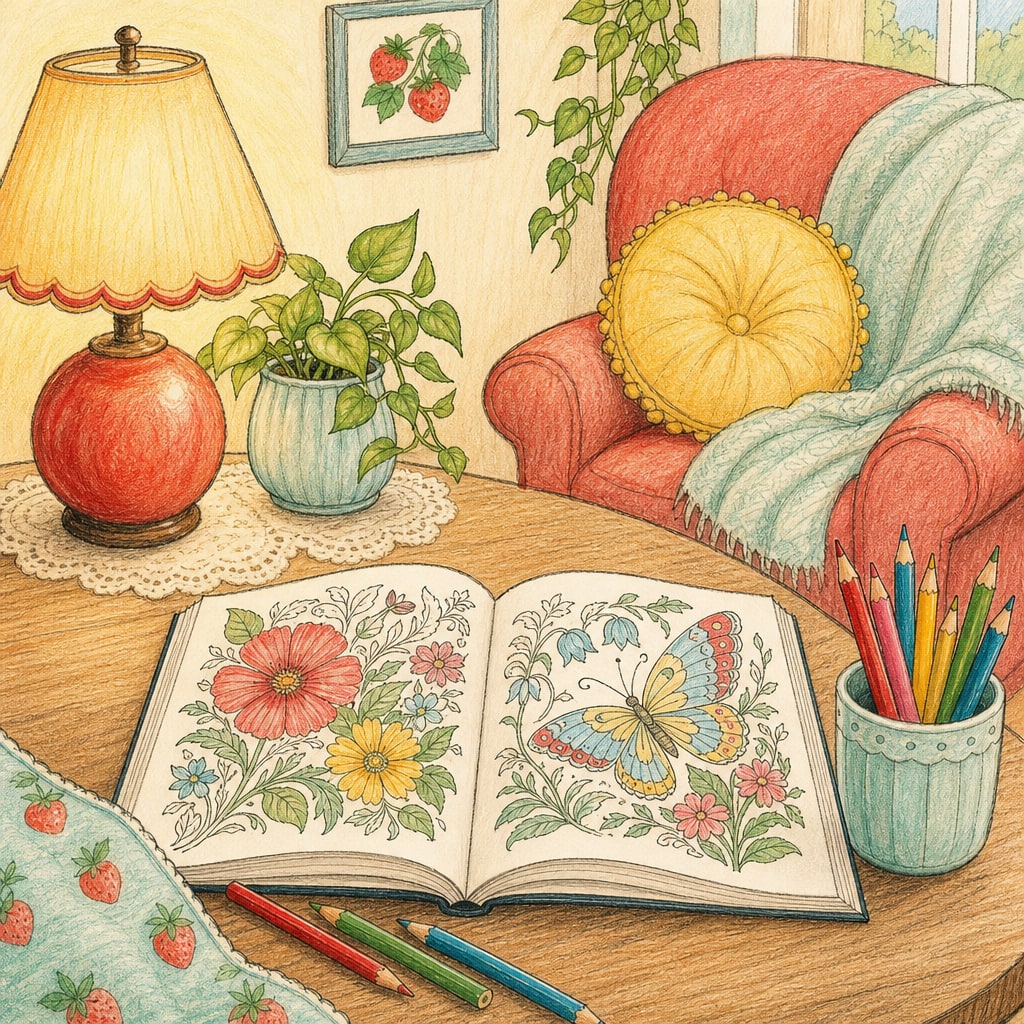 Open coloring book and colored pencils in a warm cozy coloring corner