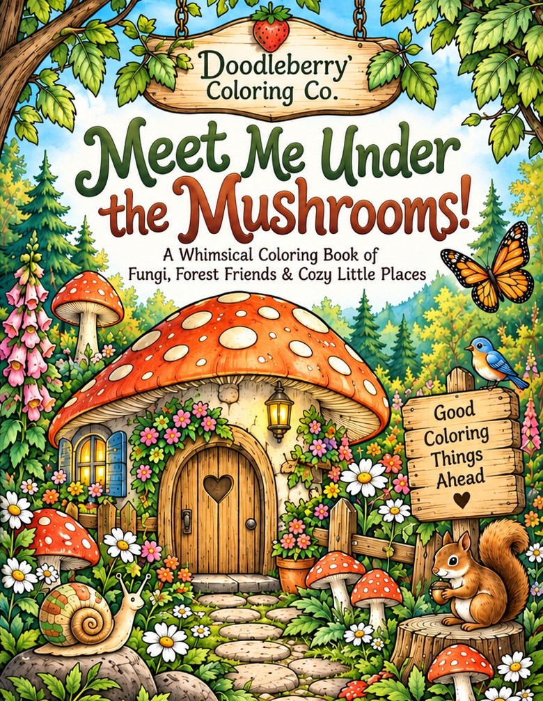 Meet Me Under the Mushrooms coloring book cover