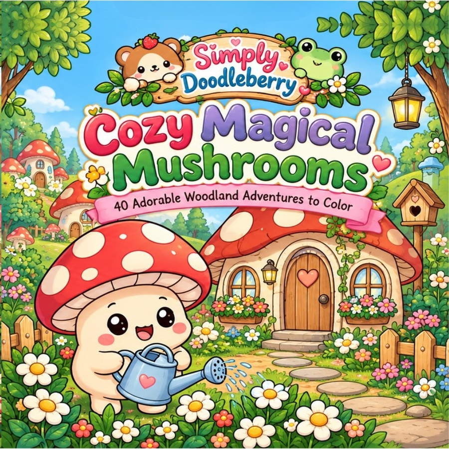 Simply Doodleberry Cozy Magical Mushrooms coloring book cover