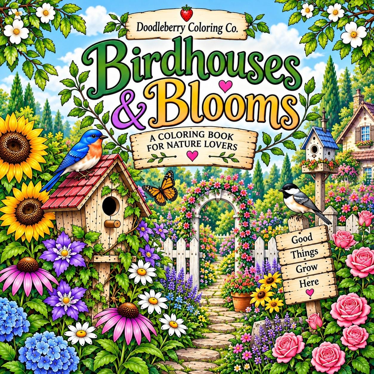 Birdhouses & Blooms coloring book cover