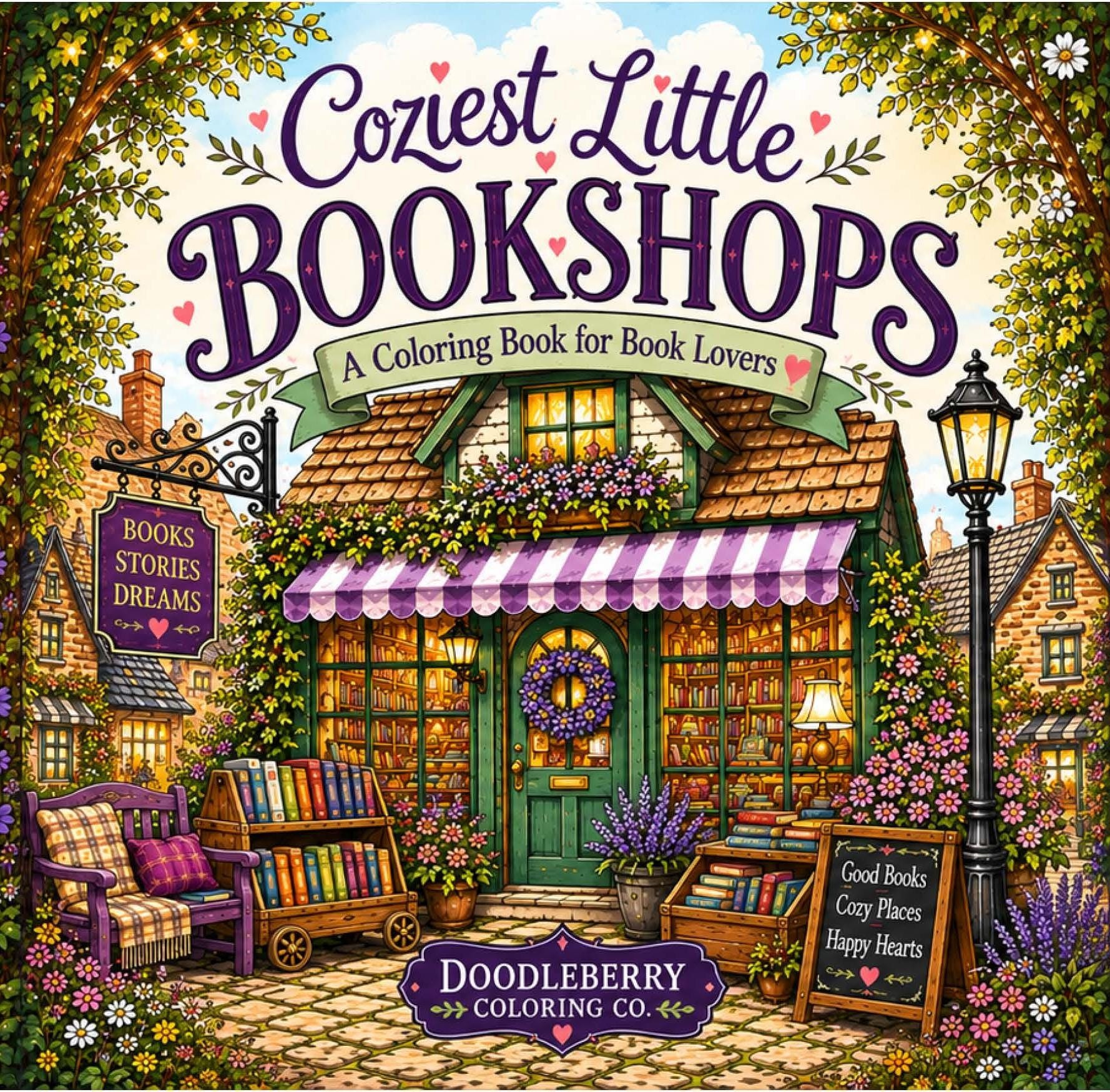 Coziest Little Bookshops coloring book cover