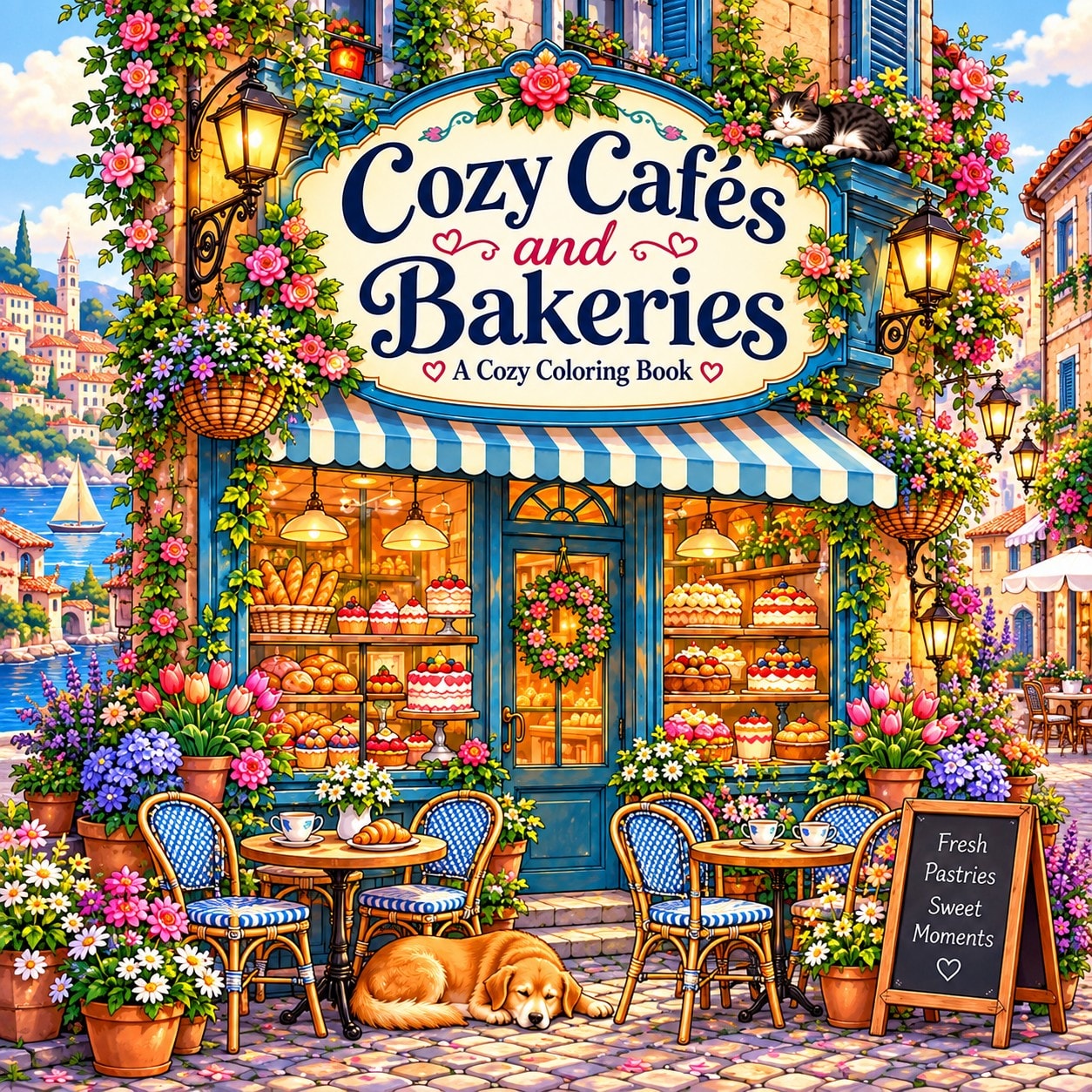 Cozy Cafes and Bakeries coloring book cover