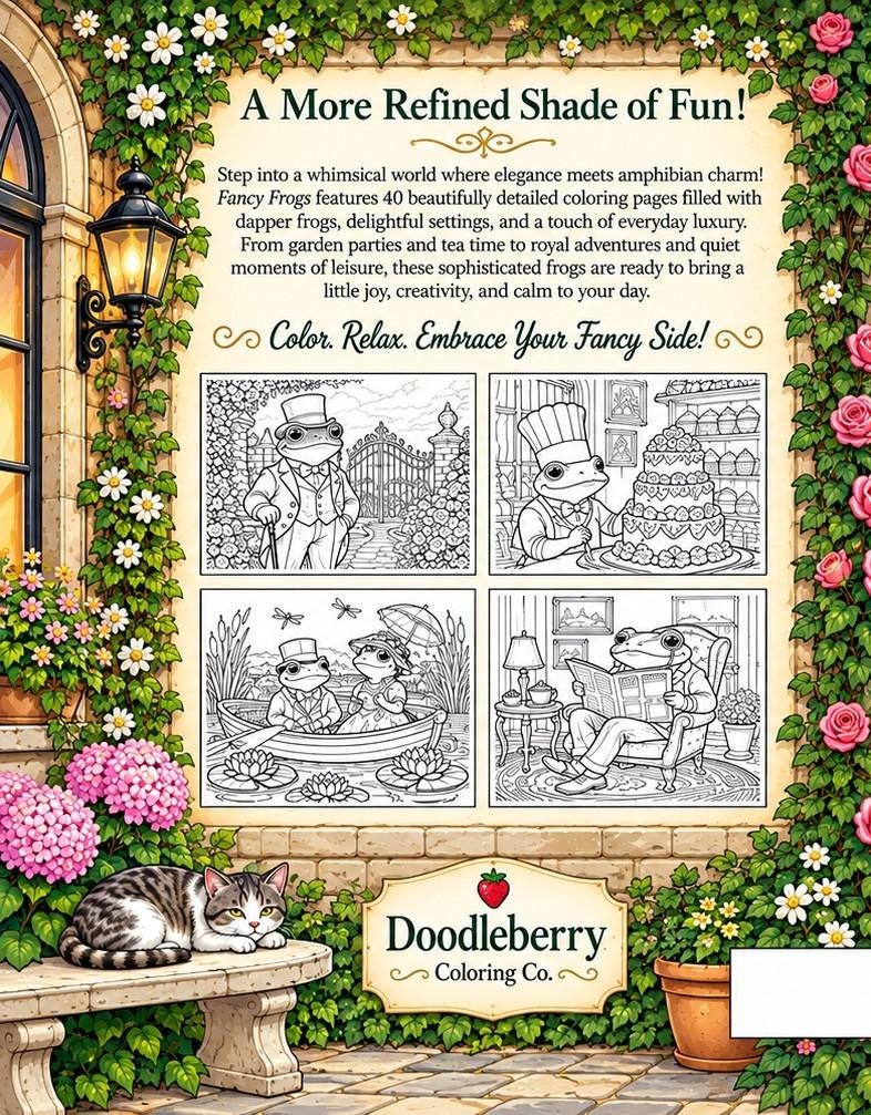 Fancy Frogs coloring-book artwork with a frog and leafy details