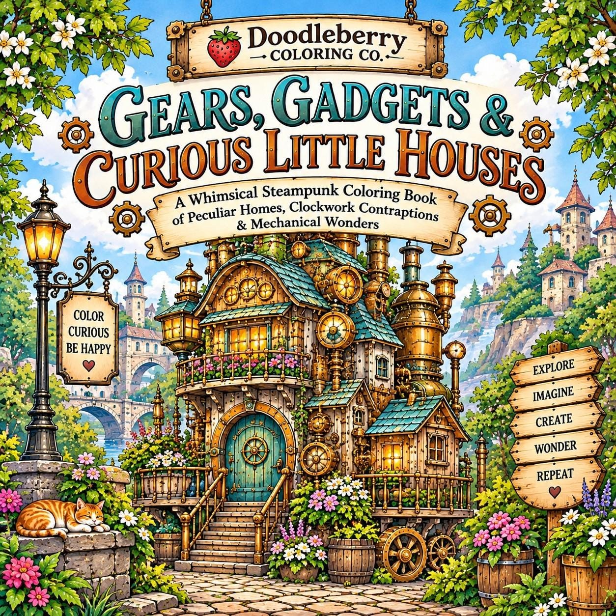 Gears, Gadgets & Curious Little Houses coloring book cover