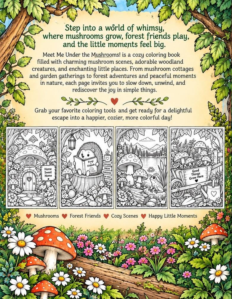 Meet Me Under the Mushrooms coloring-book artwork with a whimsical mushroom scene