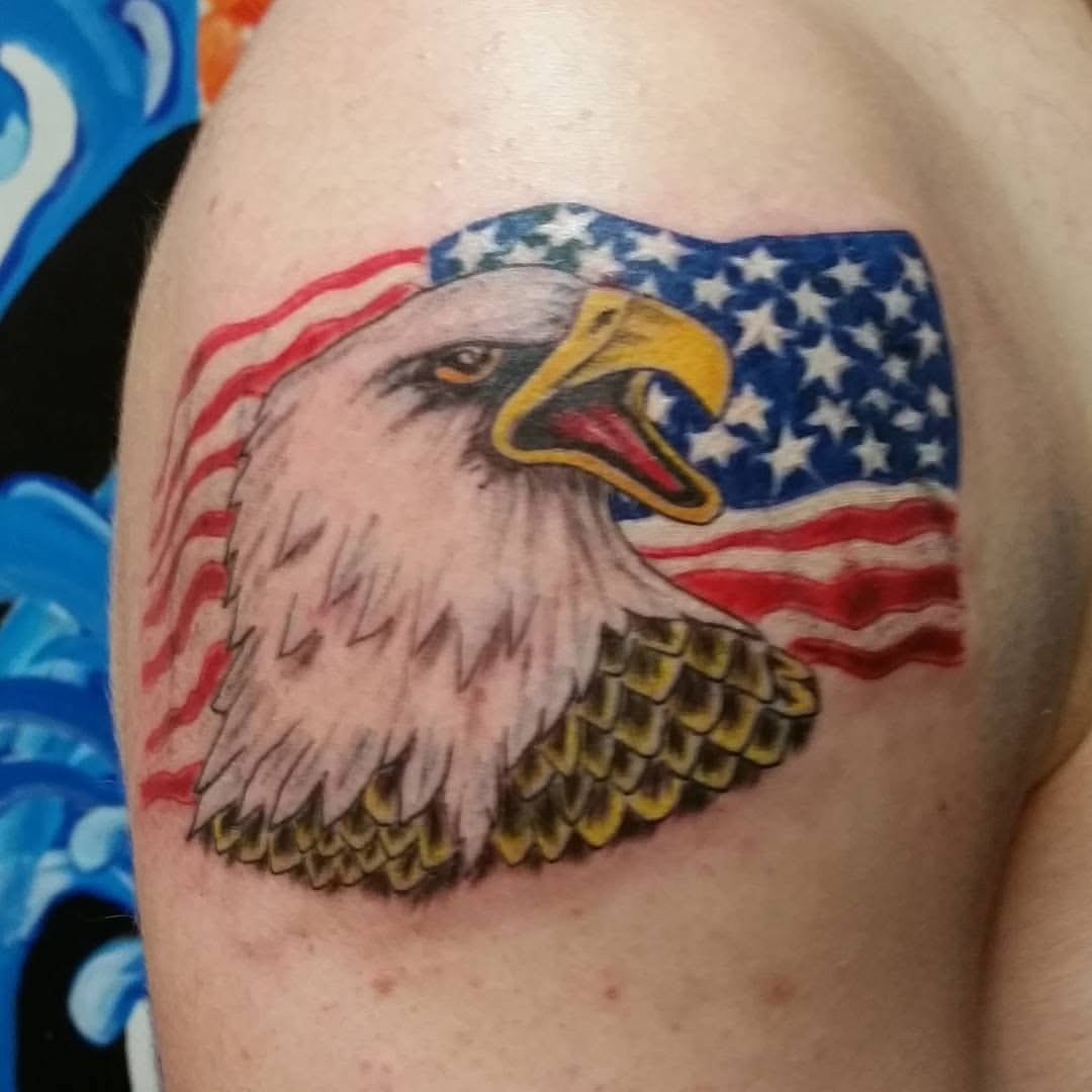 American bald eagle and flag tattoo by Joe Kennedy