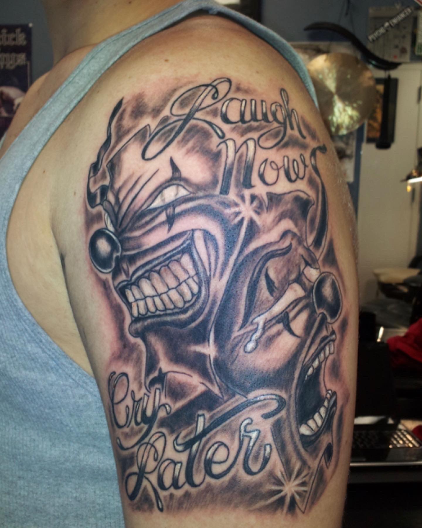 Black and gray skull and rose leg tattoo by Joe Kennedy