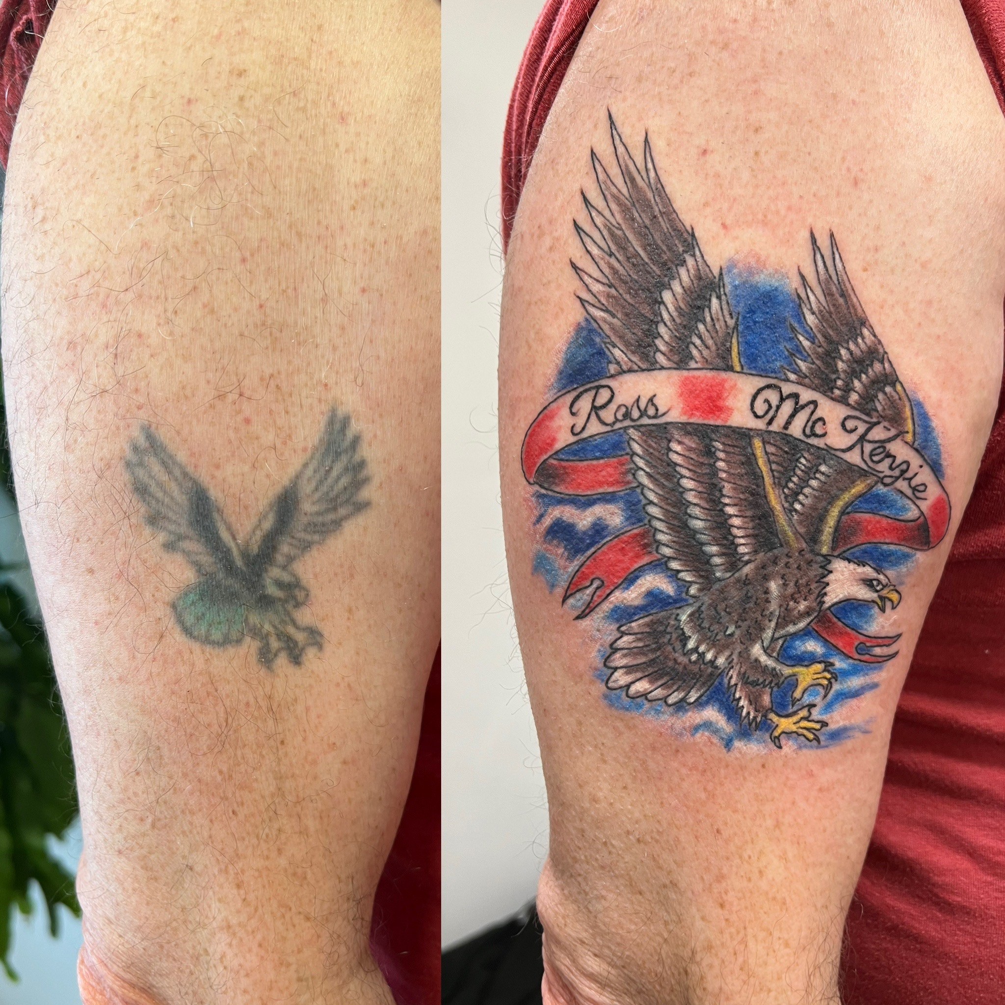 Eagle and banner upper-arm tattoo by Joe Kennedy