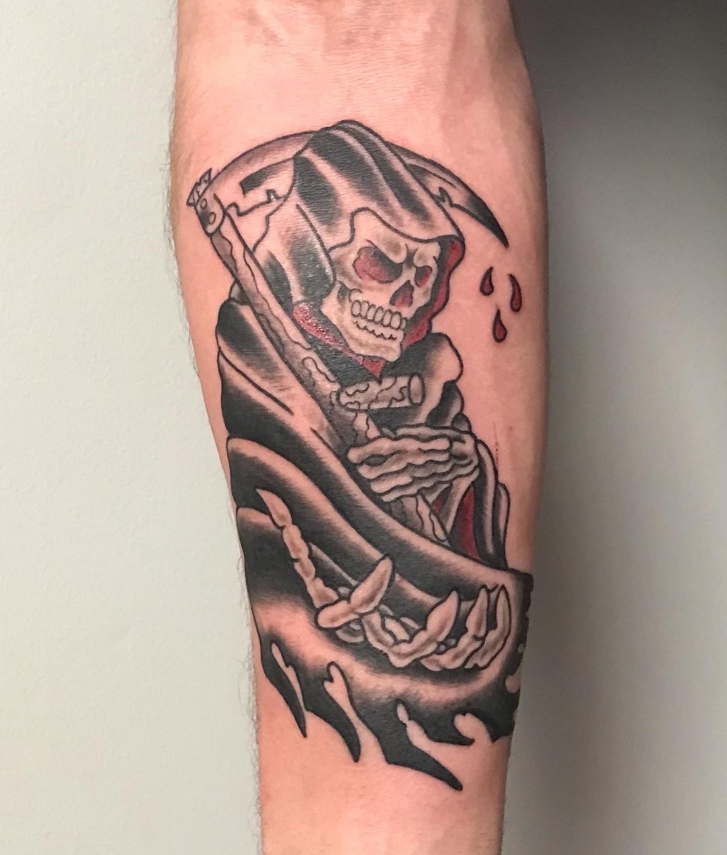 Grim reaper tattoo with red accents by Rob Scotti