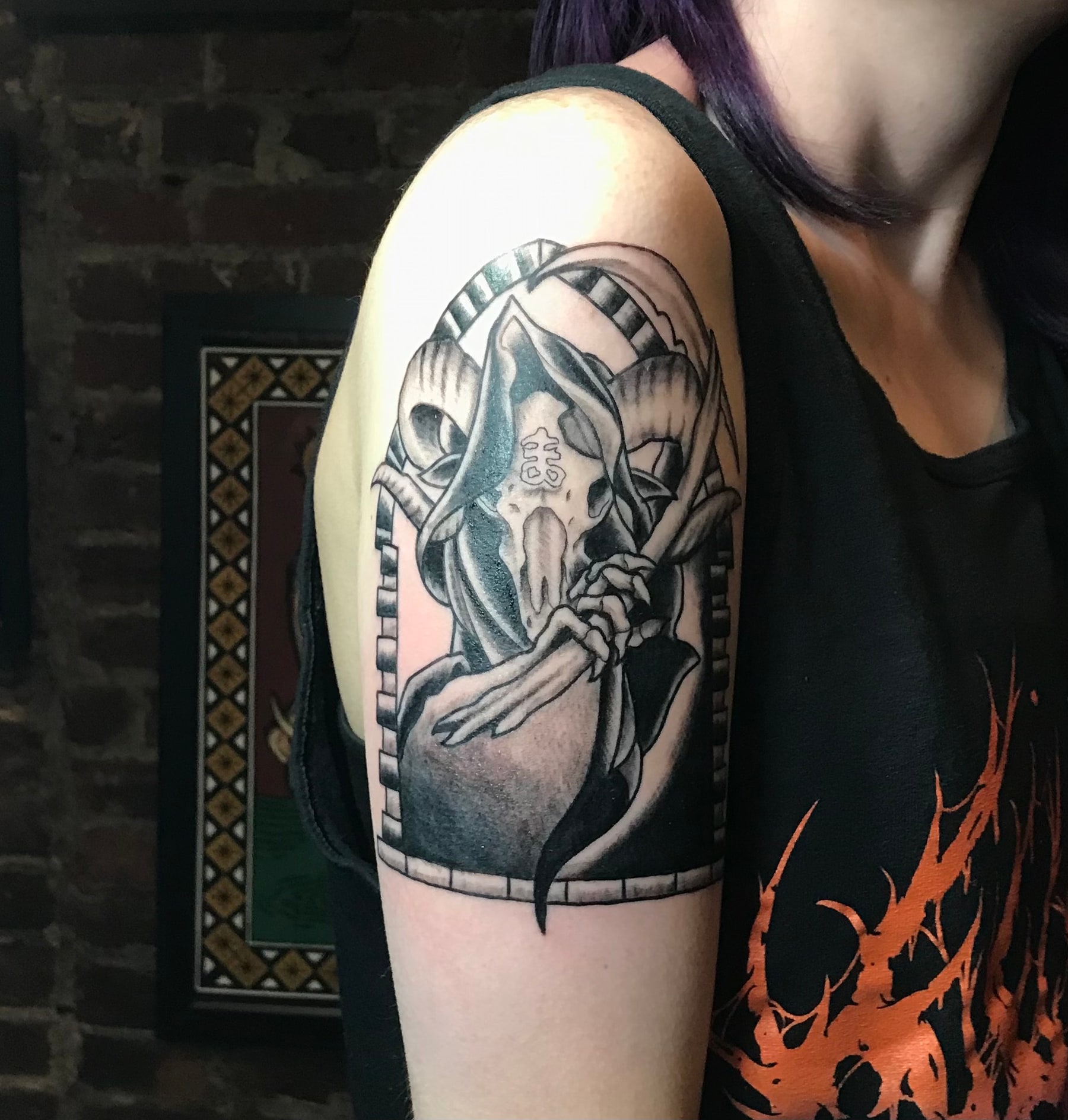 Grim reaper shoulder tattoo by Rob Scotti