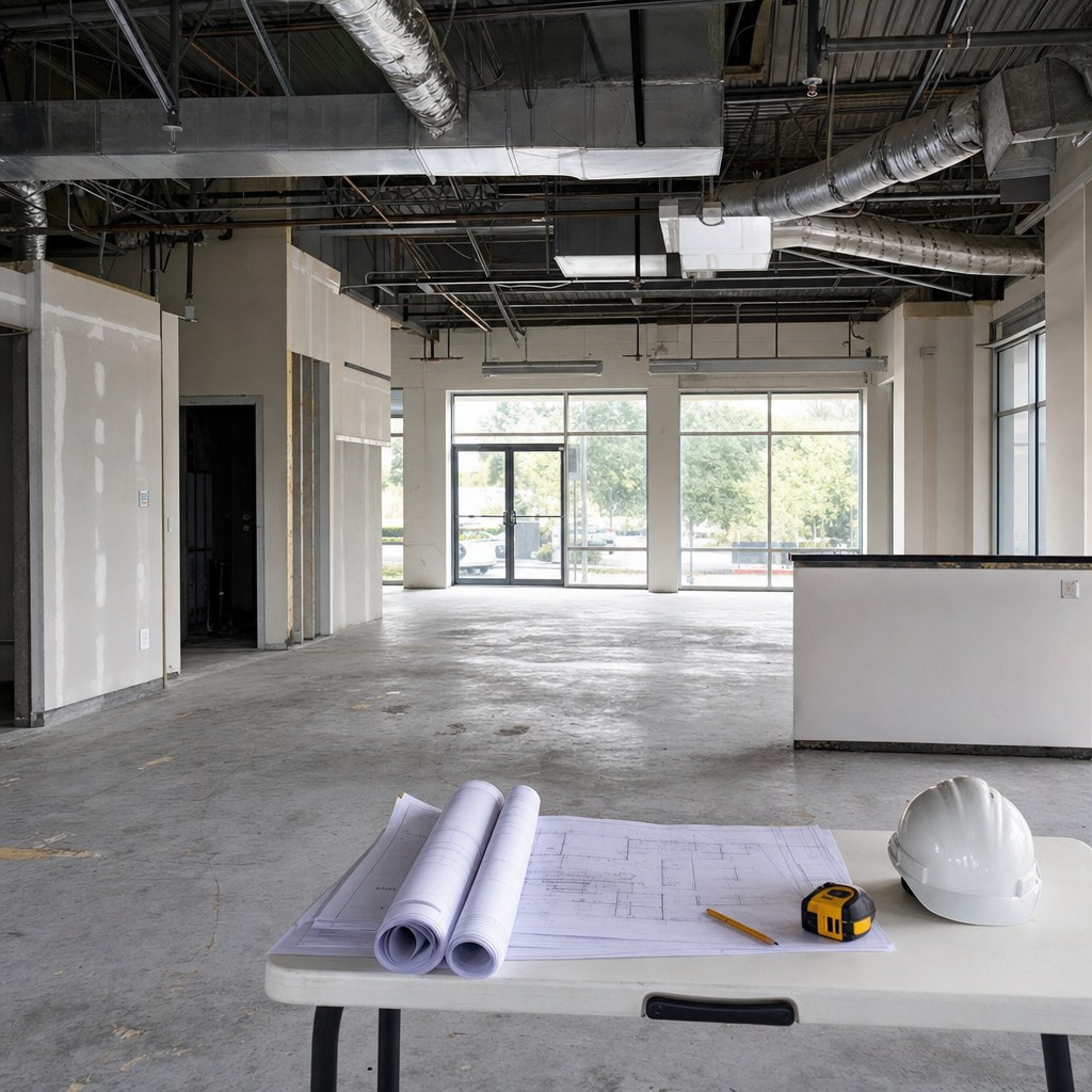 Vacant commercial suite with building systems visible and plans ready for a build-out