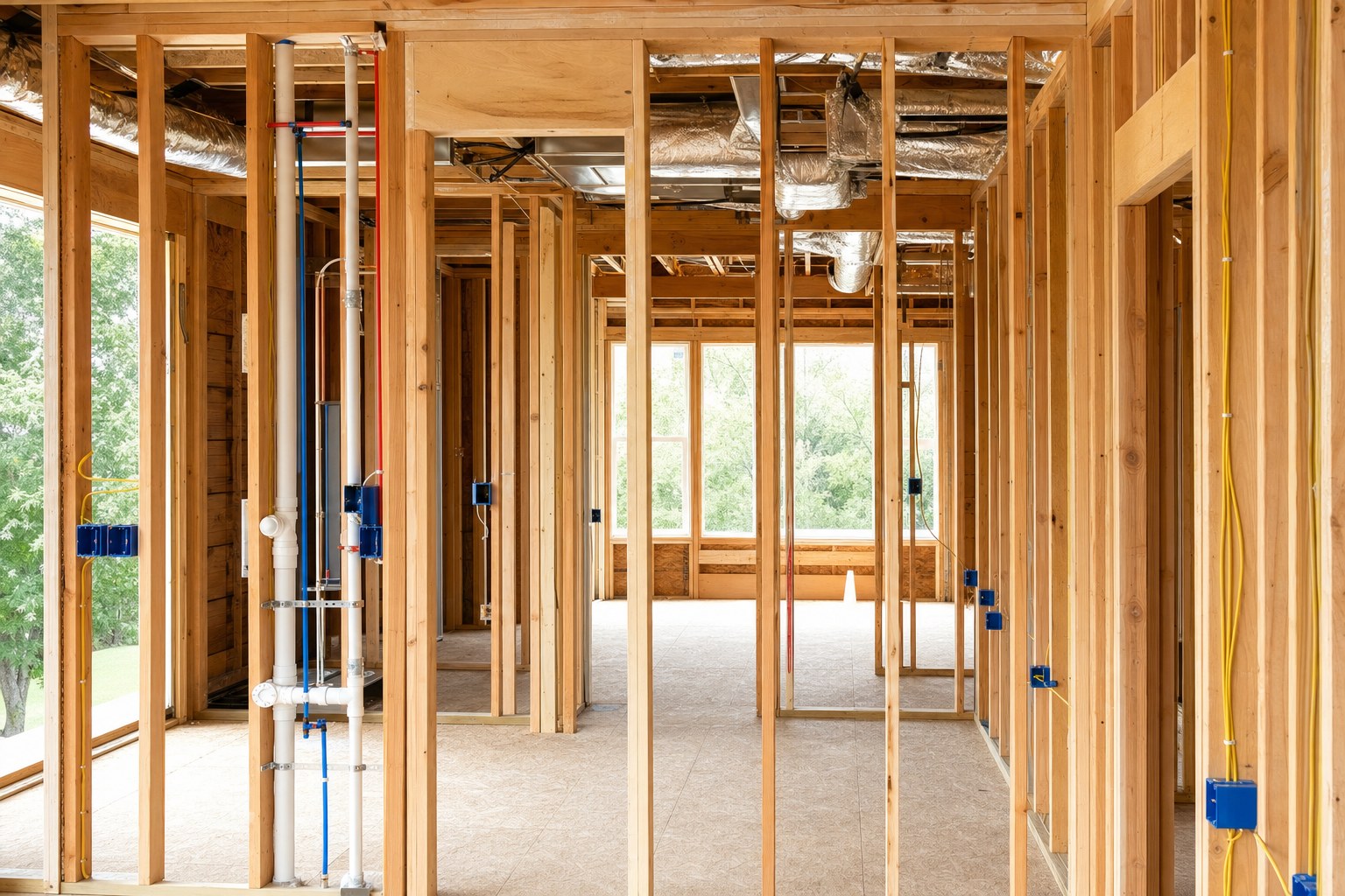 Custom home framing with plumbing, electrical, and HVAC rough-ins in progress