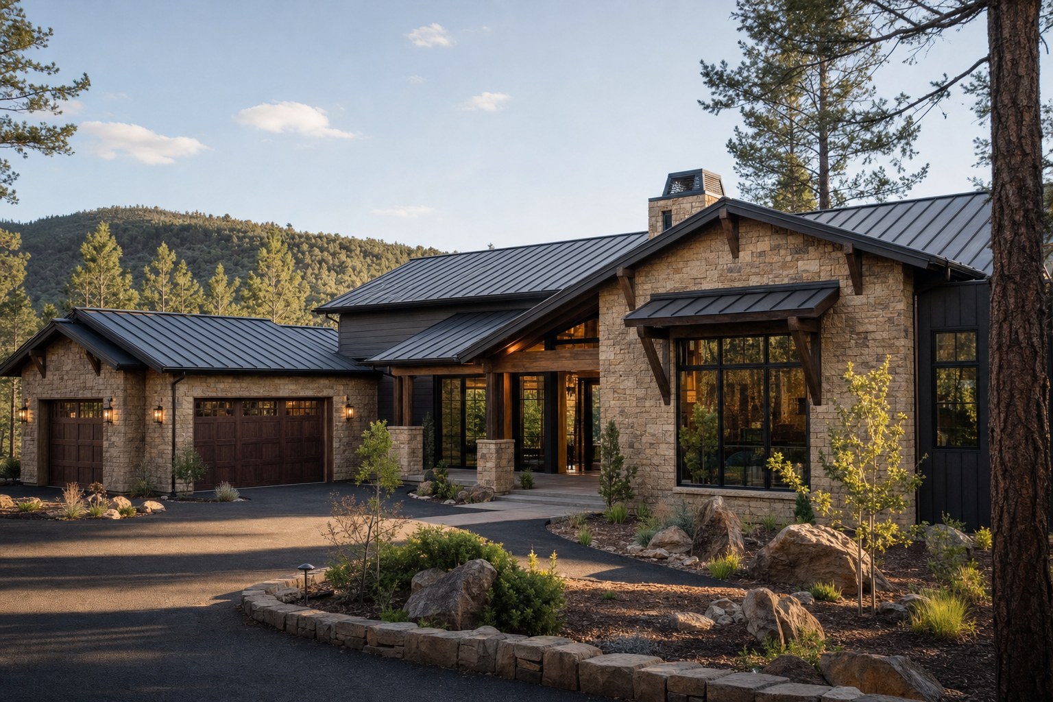 Completed Northern Arizona custom home with natural stone, timber details, and native landscaping