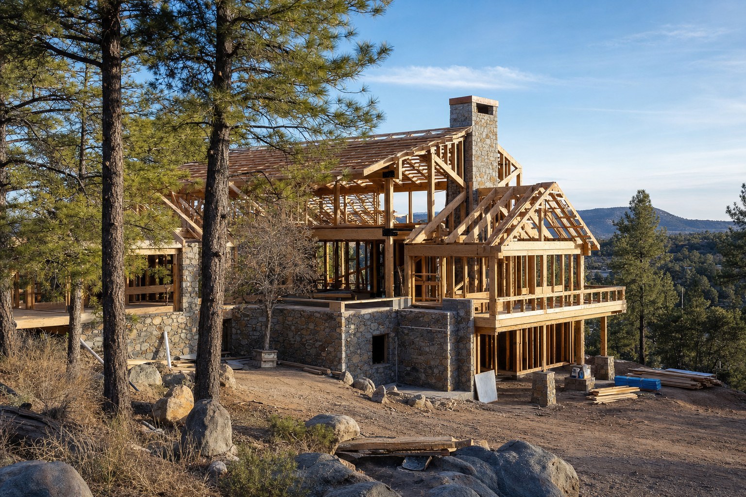 Northern Arizona custom home under construction among pines and rocky hills