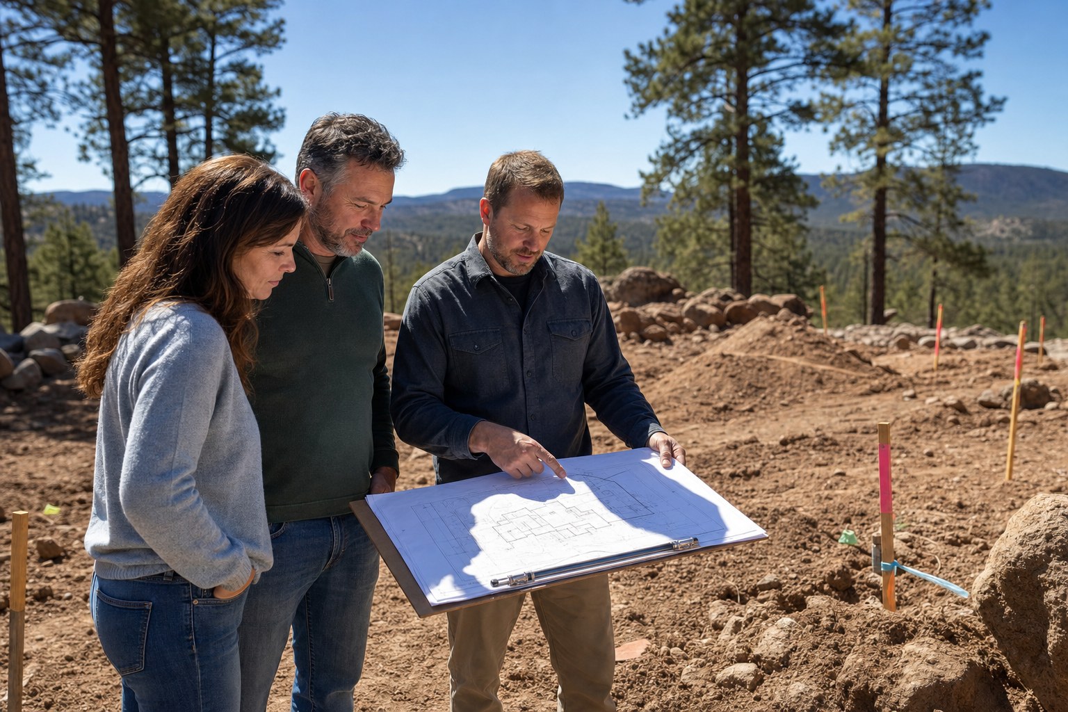 Homeowners reviewing custom home plans with a builder on a Northern Arizona homesite