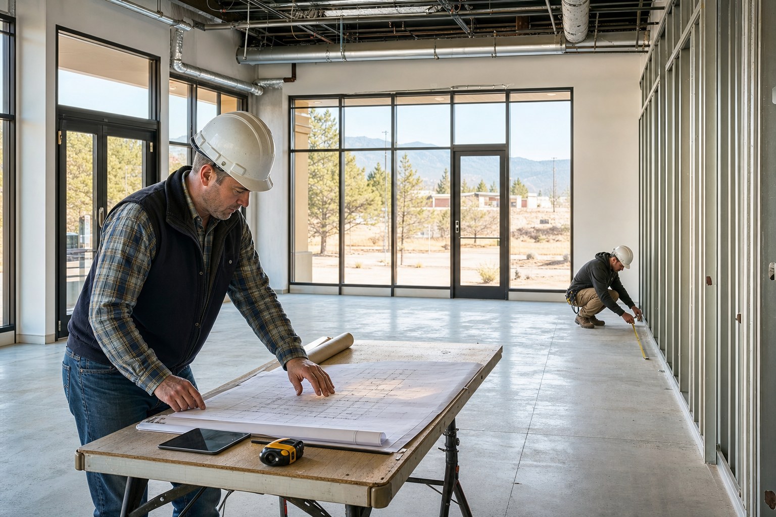 Construction manager reviewing plans inside a Northern Arizona retail suite prepared for tenant improvement