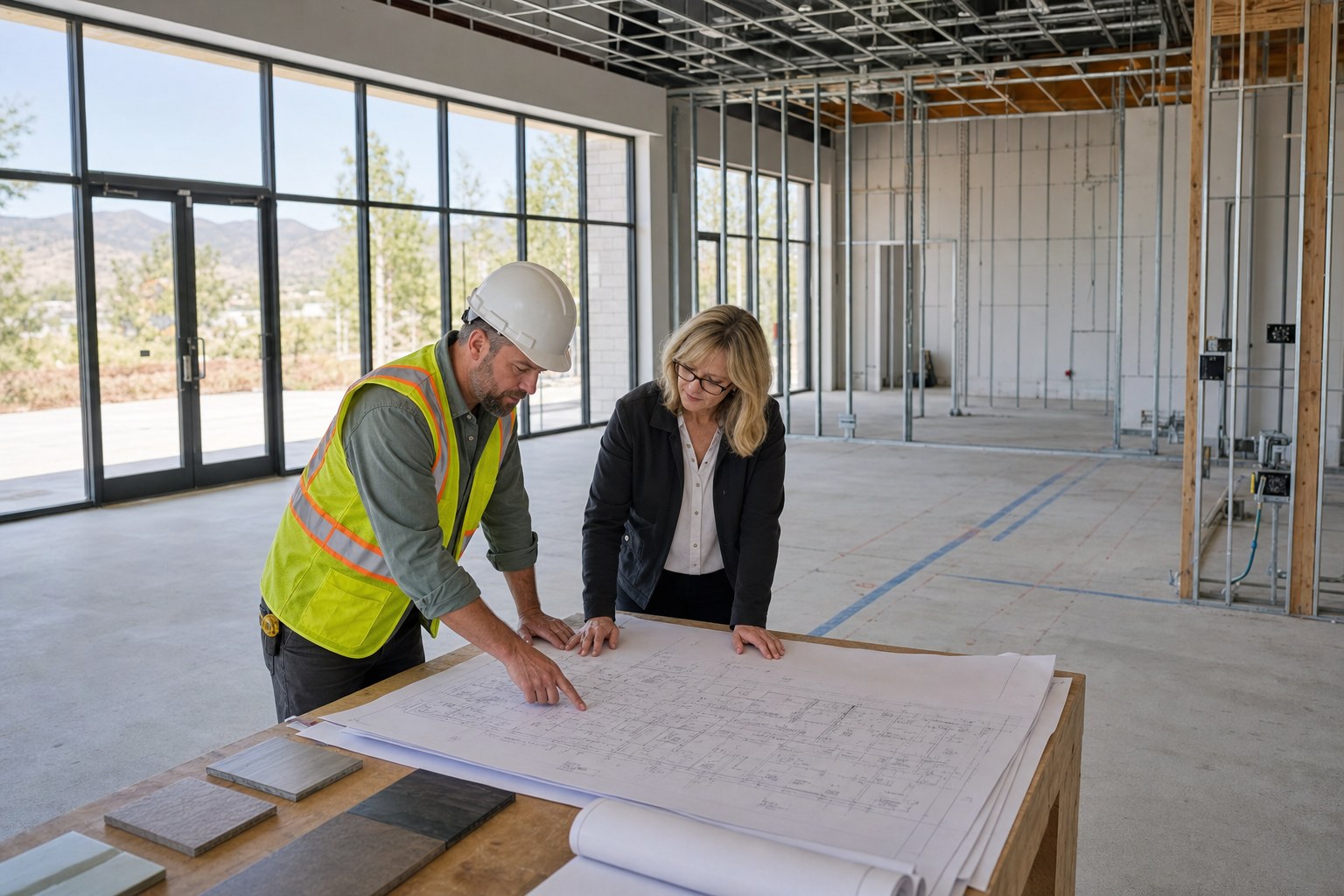 Retail construction team reviewing store plans inside a Northern Arizona suite