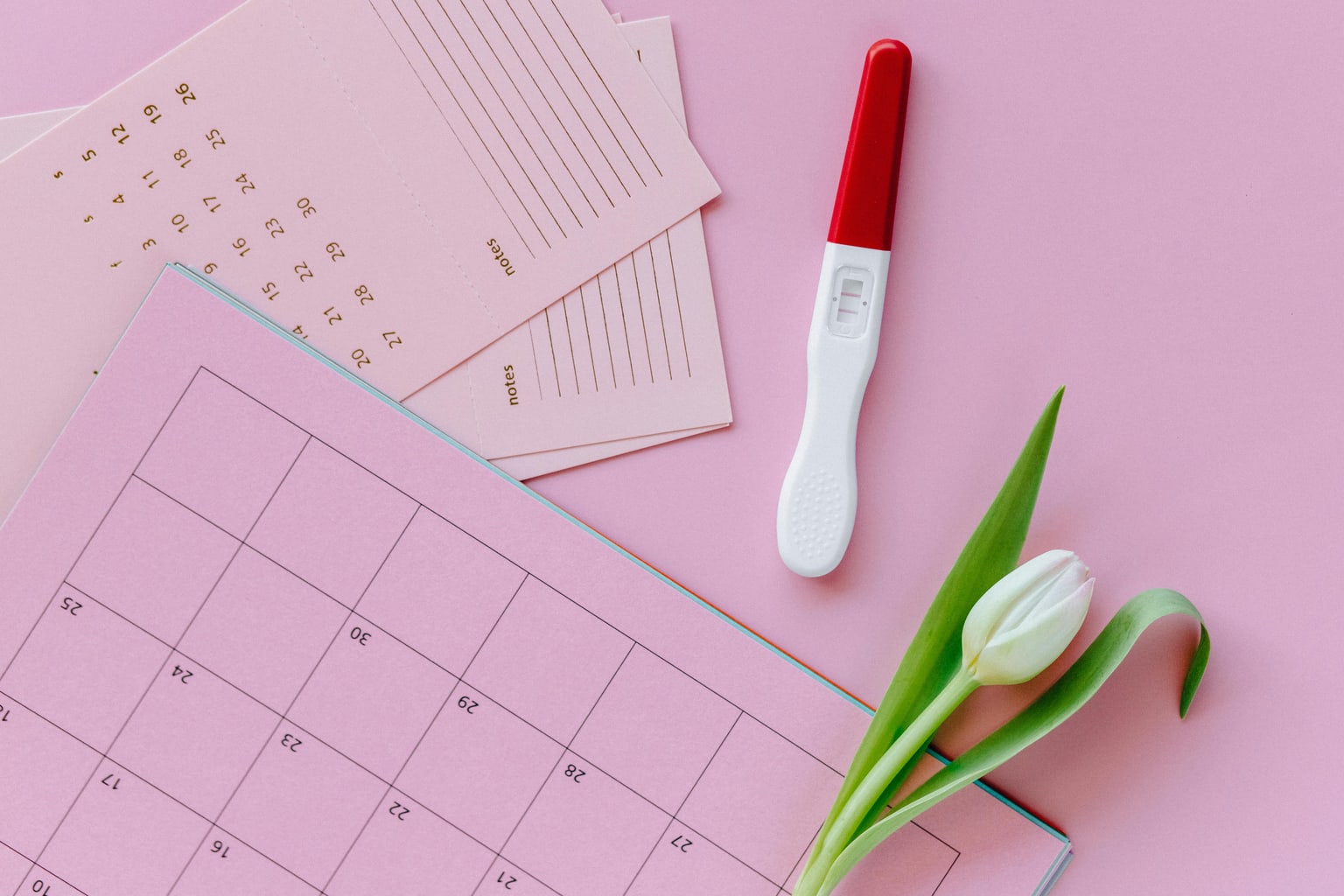 A pregnancy test, calendar pages, and a white tulip on a pink surface