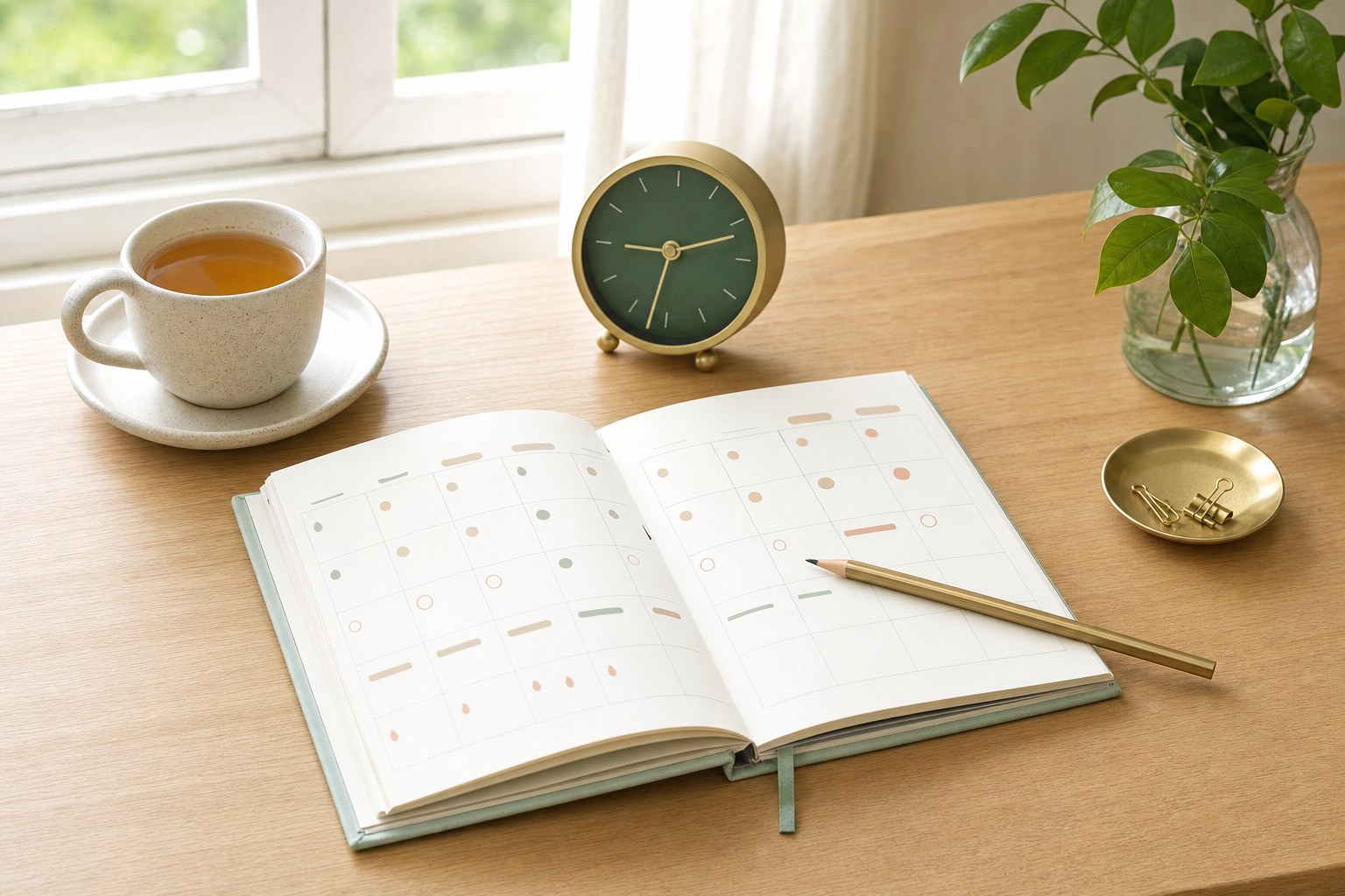 An open monthly planner, pencil, tea, and analog clock on a sunlit table