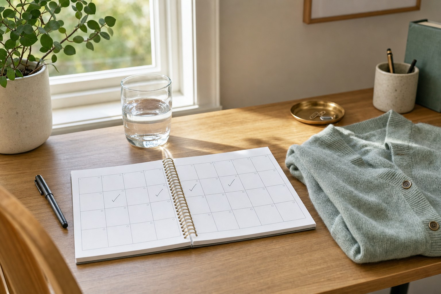 A paper calendar, glass of water, pen, and folded cardigan on a sunlit desk