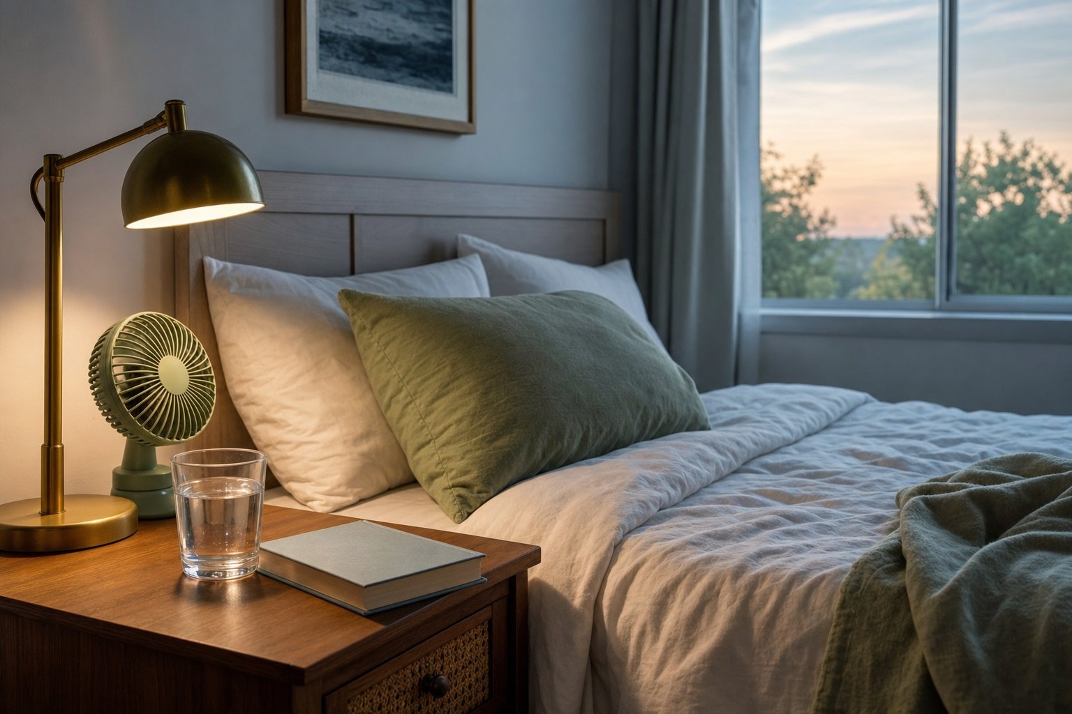 A bed at dawn with a bedside lamp, small fan, water, and book