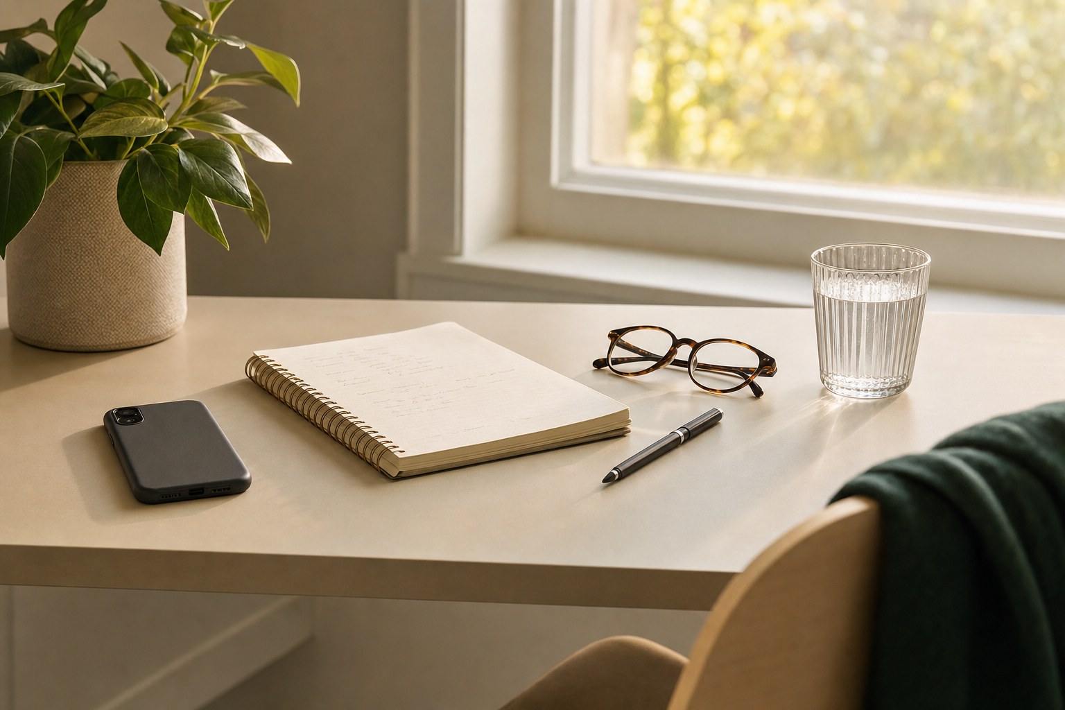 A notebook, eyeglasses, pen, phone, and glass of water ready for a virtual visit