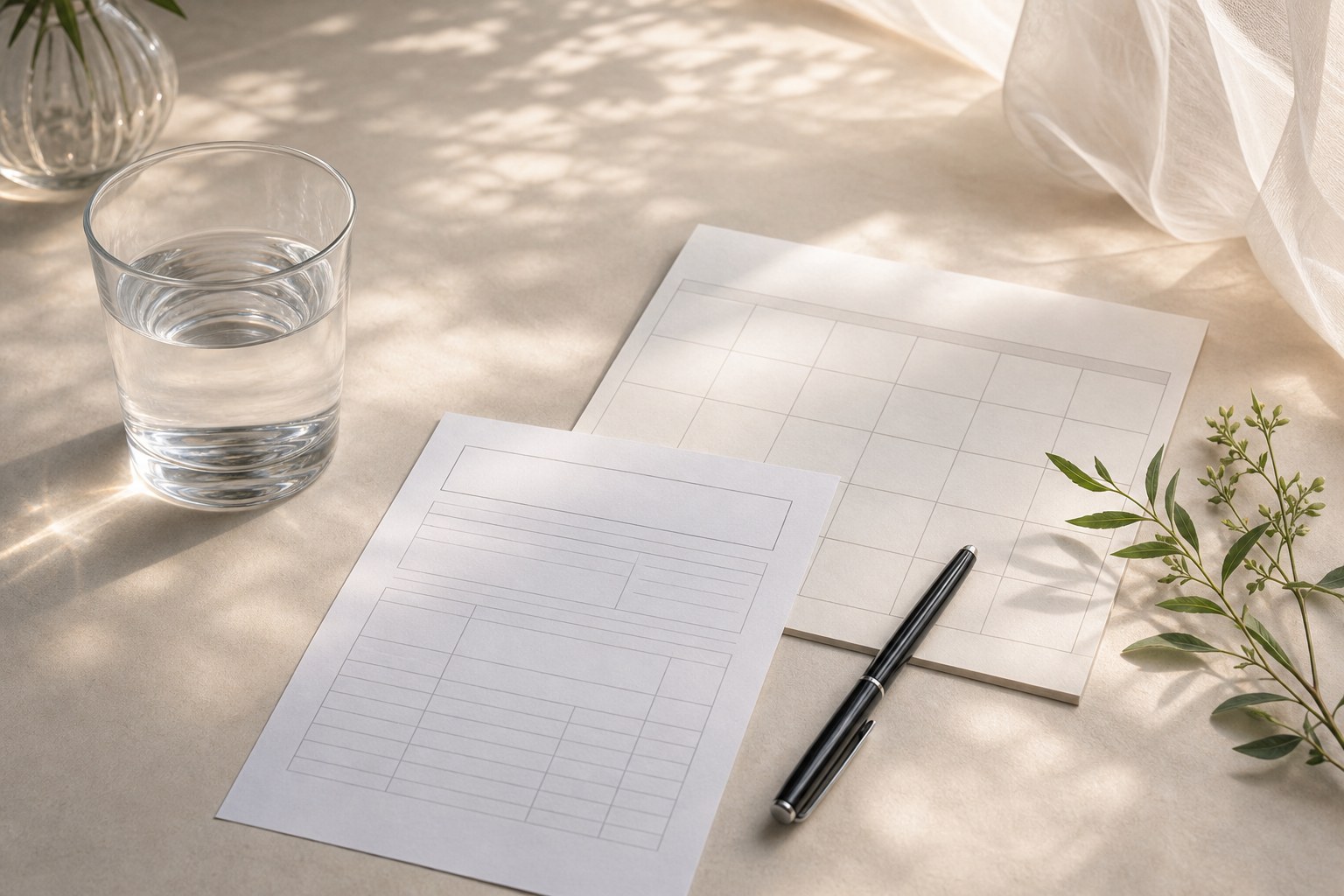 A blank calendar, unmarked test form, water glass, and pen on a sunlit desk