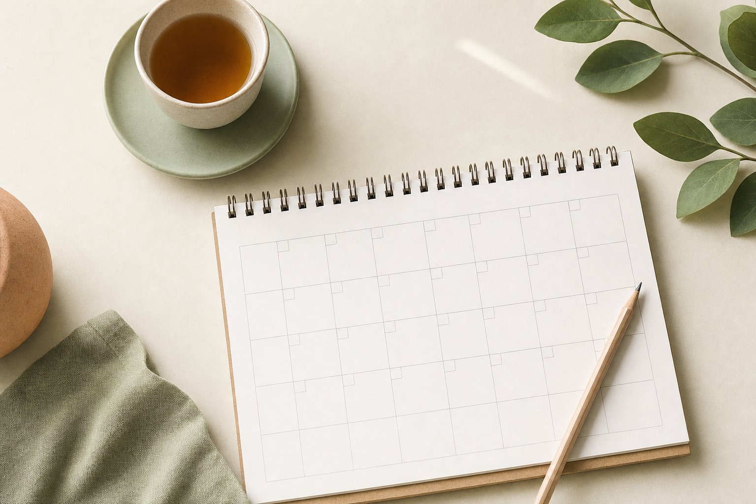 A blank calendar, pencil, tea, and leaves on a sunlit desk