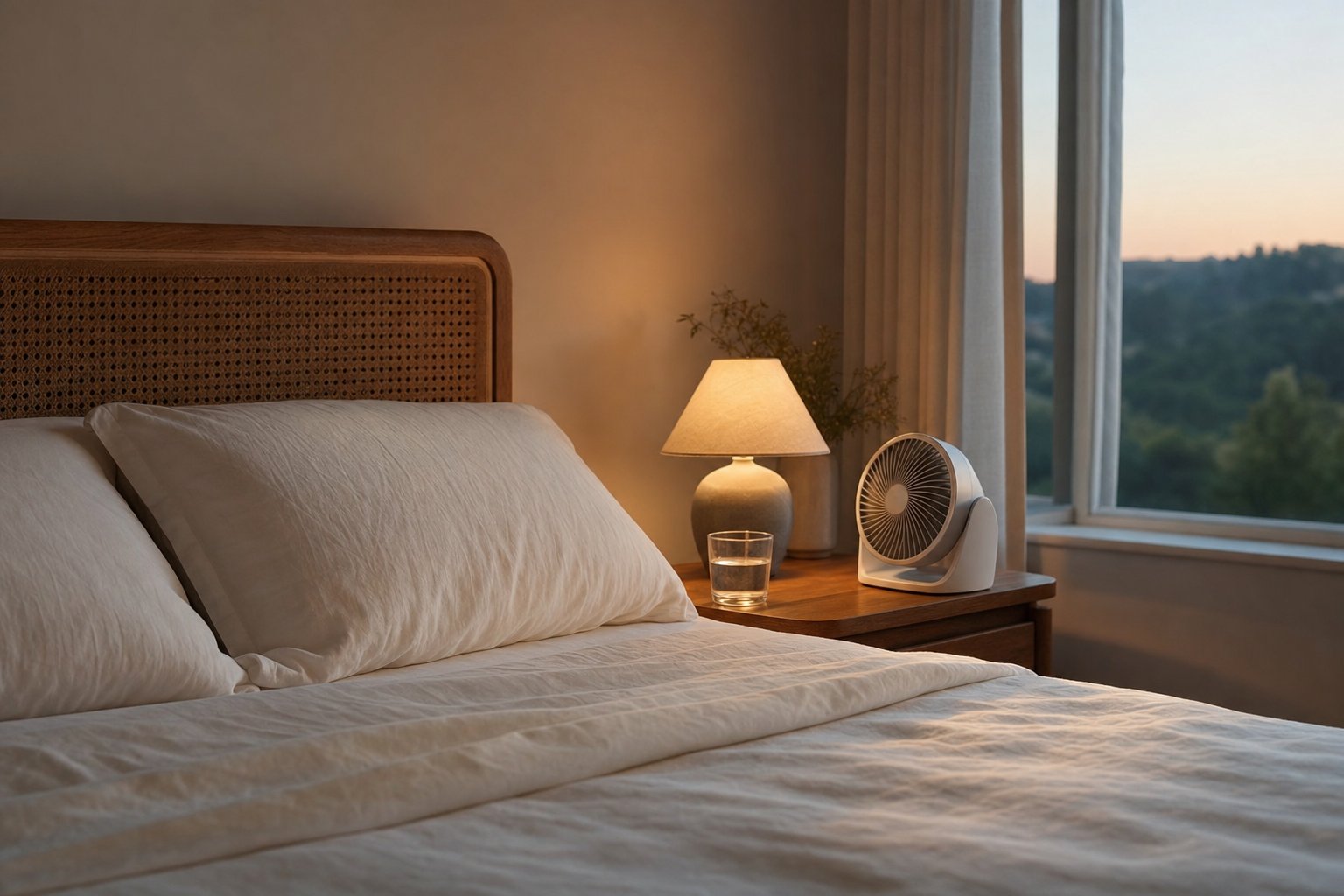 A calm bedroom at dawn with a bedside lamp, water, and fan