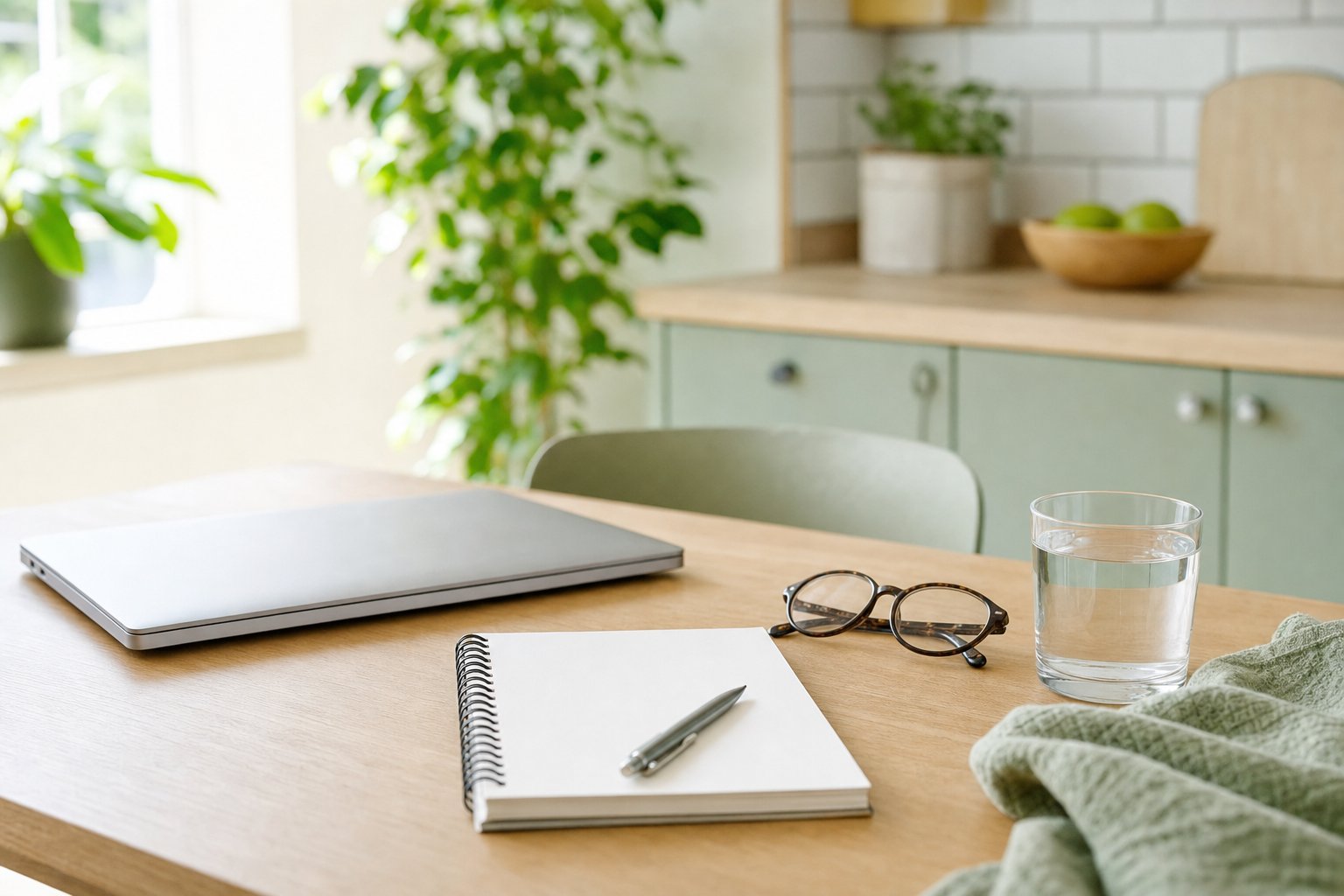 A closed laptop, notebook, eyeglasses, pen, and water ready for a virtual visit