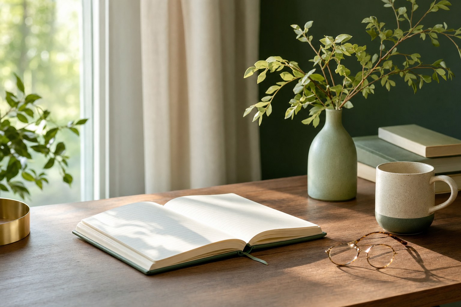 Notebook, glasses, and a cup on a sunlit table