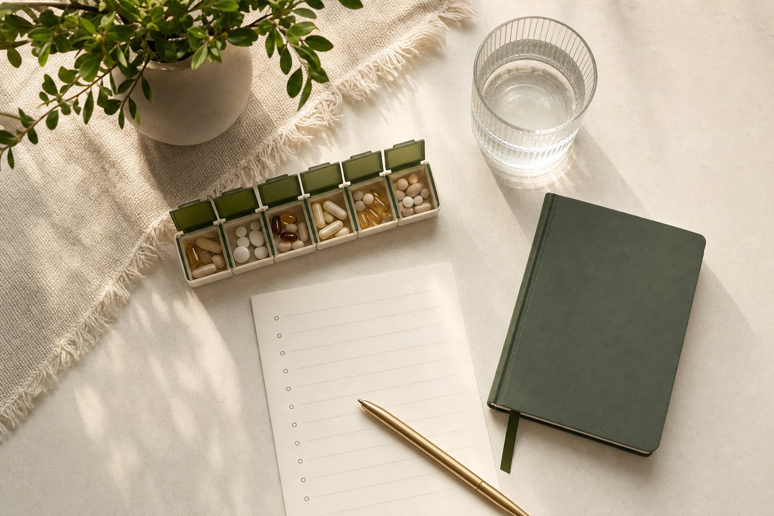 Medication organizer, notebook, and water prepared for a care-planning visit