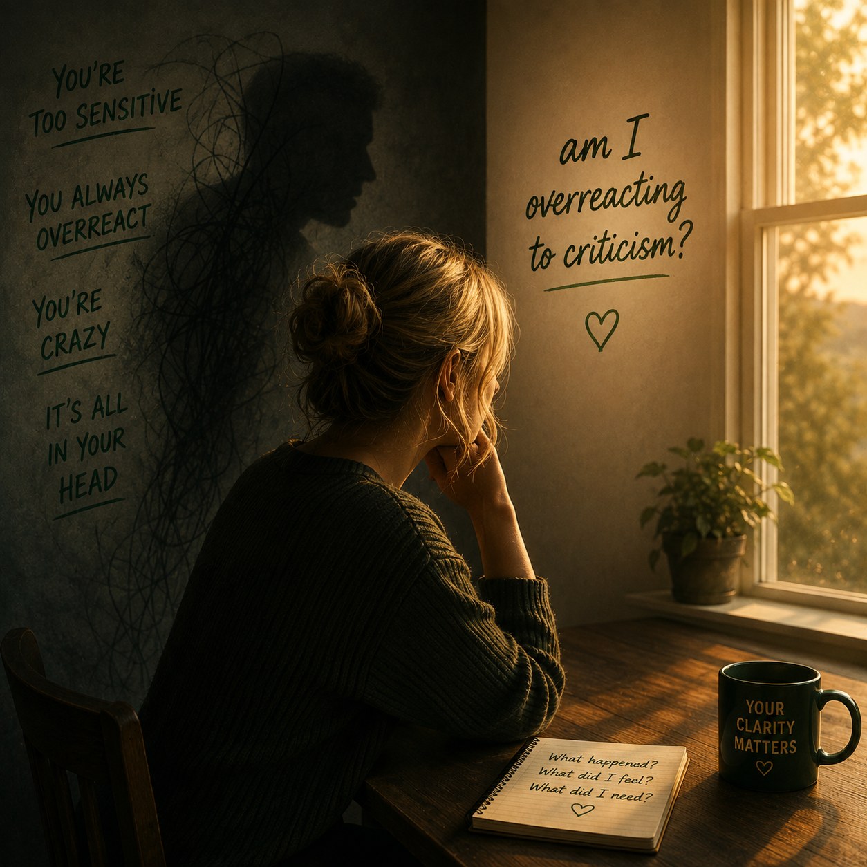 A woman sitting by a window, with hurtful phrases on the wall and the words Am I overreacting to criticism?