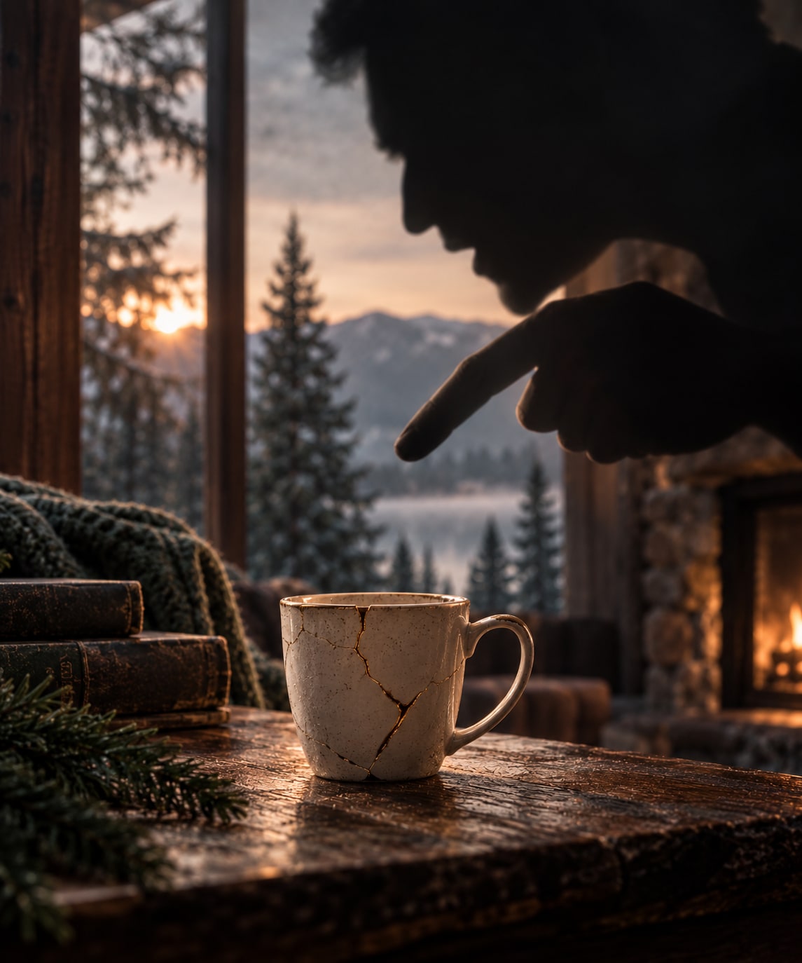 A cracked cup on a table beside a fireplace while a figure points in the background