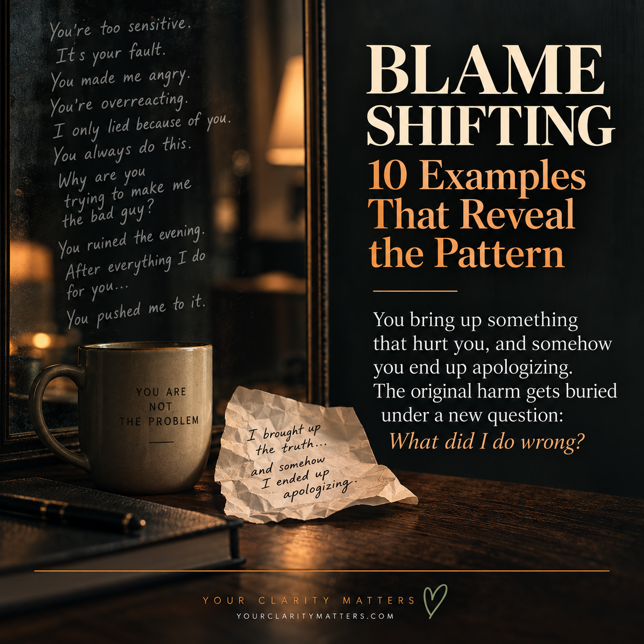 Illustrated woman looking thoughtfully at a mirror, representing the confusion blame shifting can create