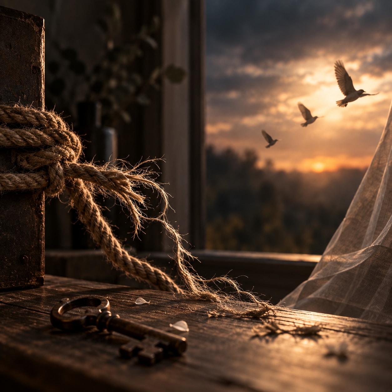 A rope tied around an old wooden post beside an open window at sunset
