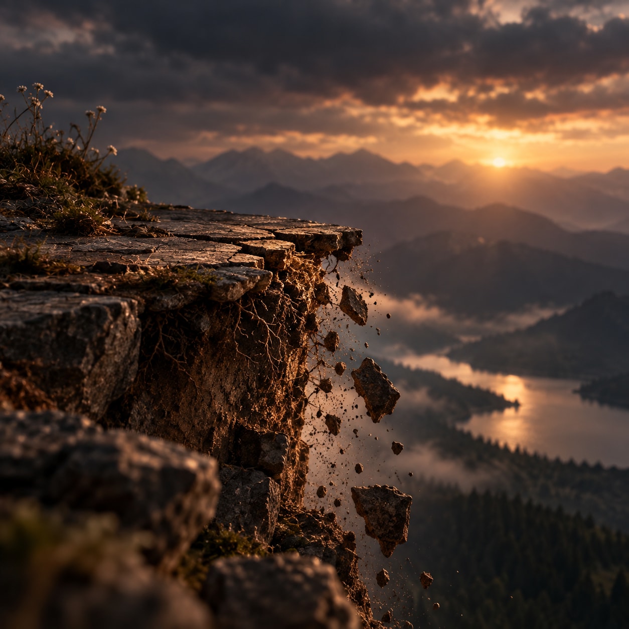 An eroding cliff above a misty valley at sunset