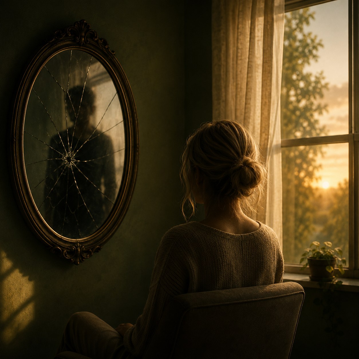 A woman sitting beside a window and a cracked mirror
