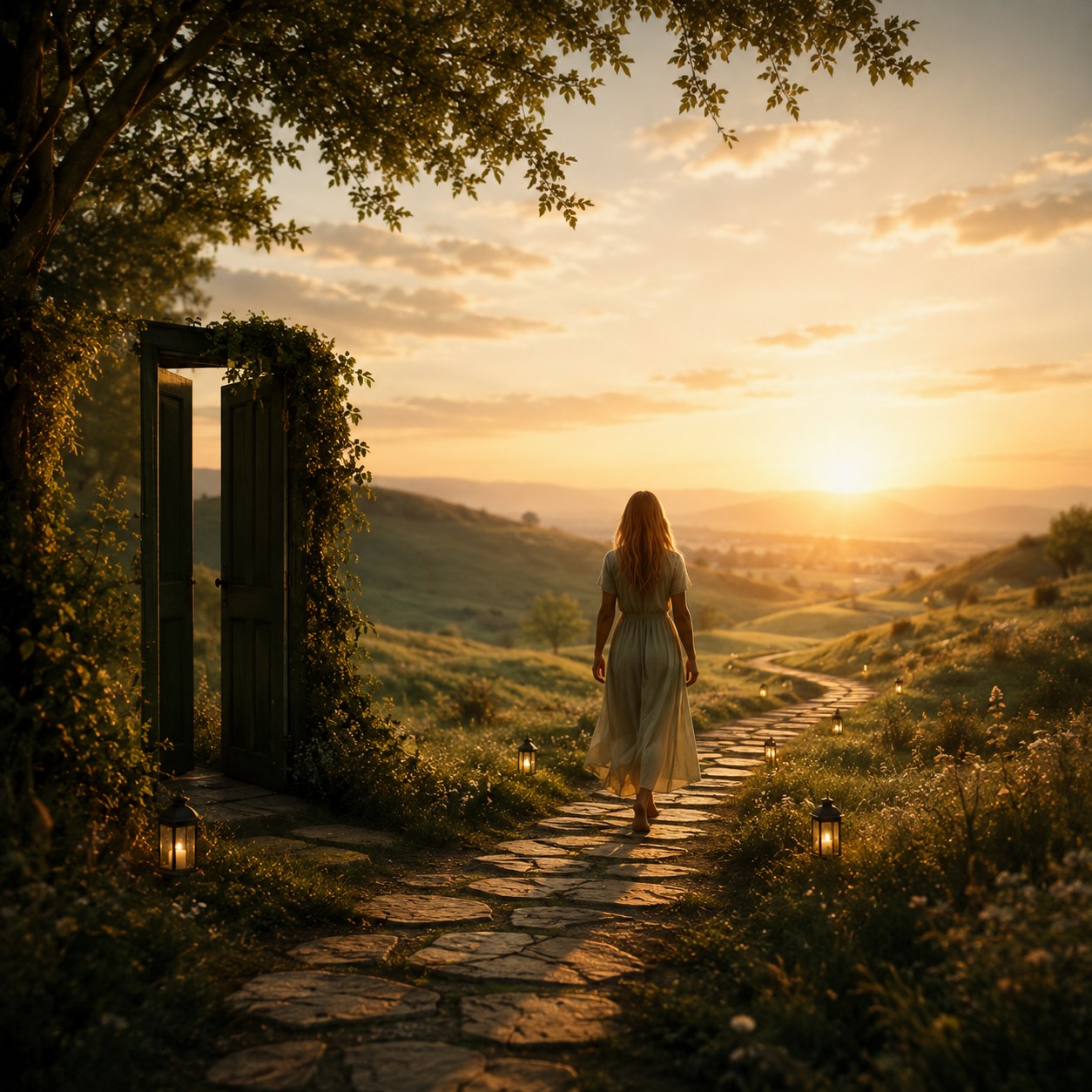 A woman walking along a garden path toward the sunset
