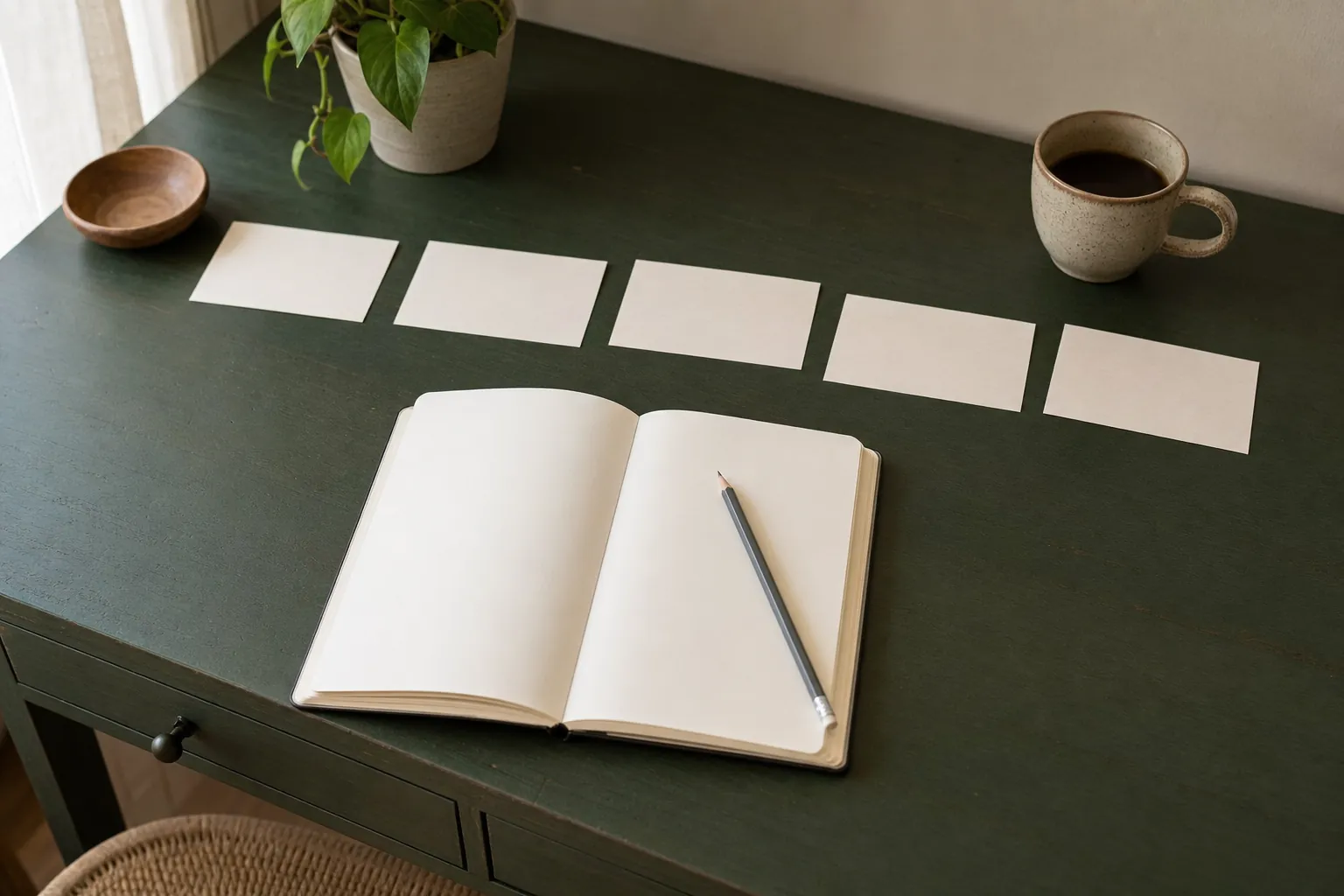 Blank index cards arranged in a line above an open journal on a dark green desk