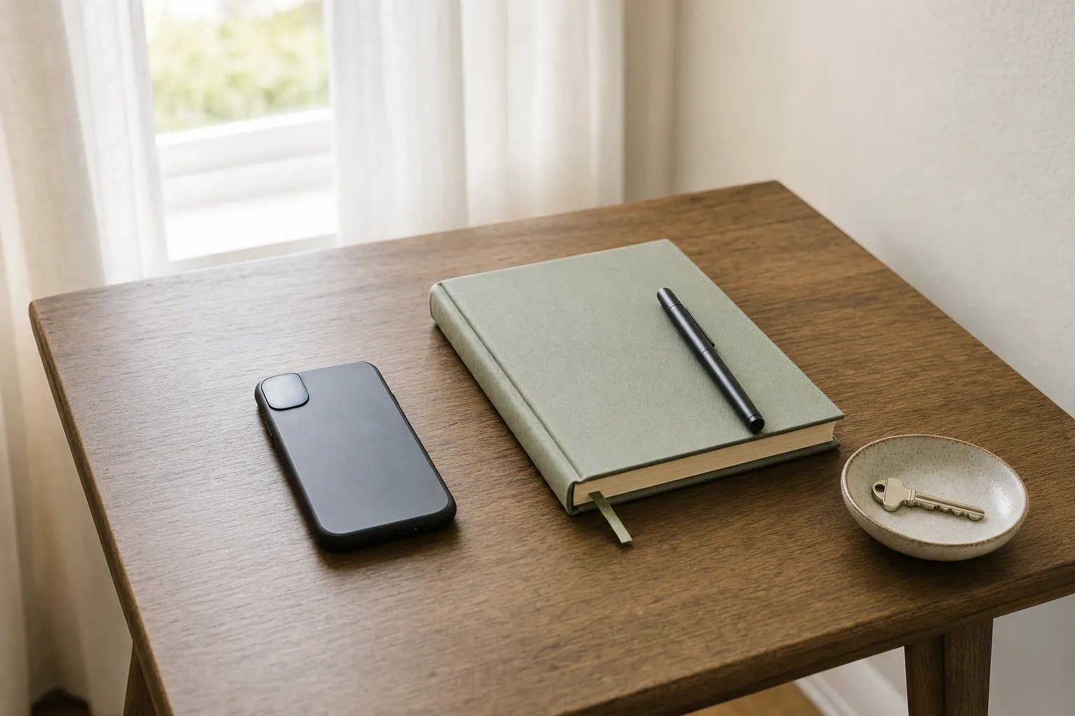A face-down phone, closed green journal, pen, and spare key on a wooden table