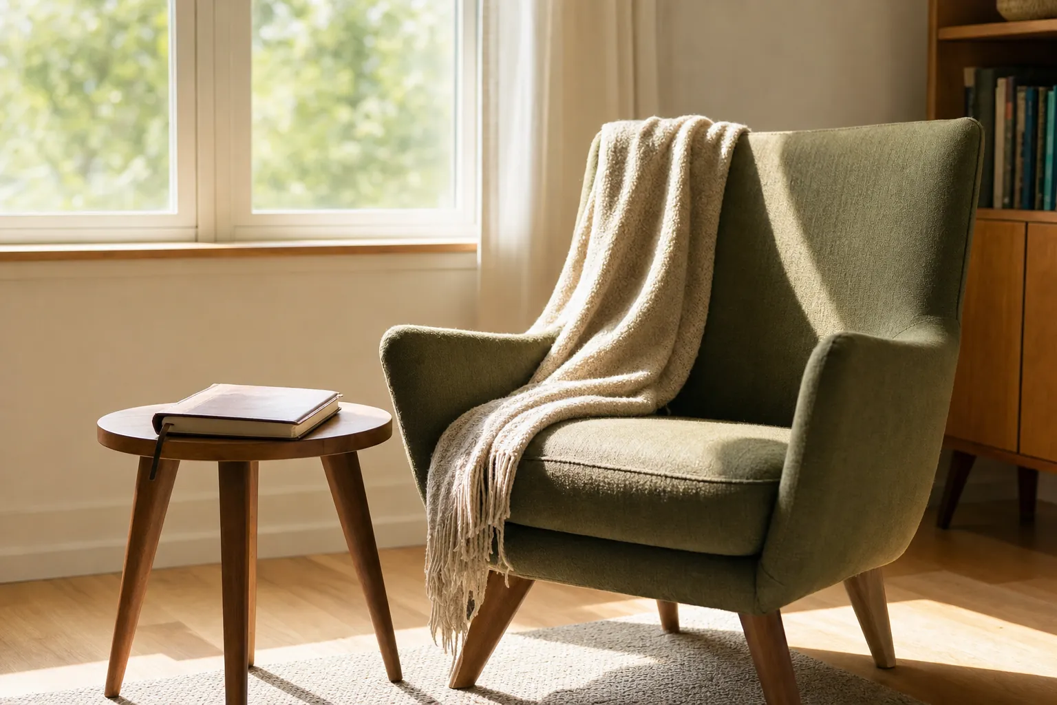 An olive green reading chair beside a small table with a journal in a sunlit room