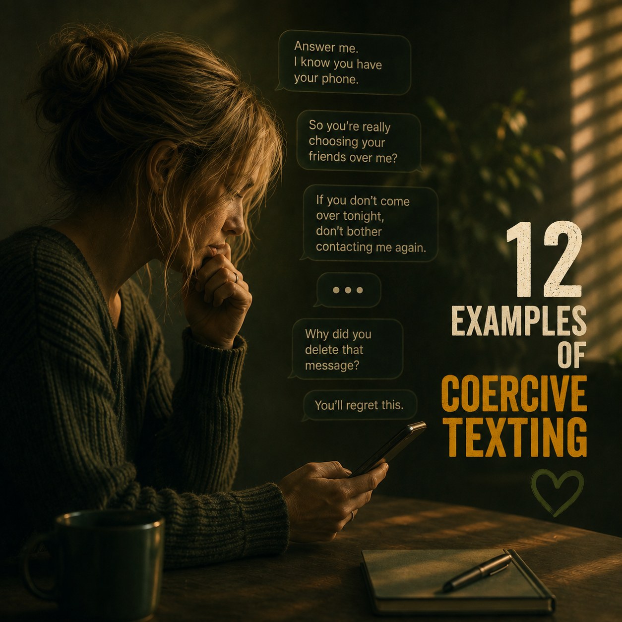 A woman looking at her phone beside examples of coercive text messages