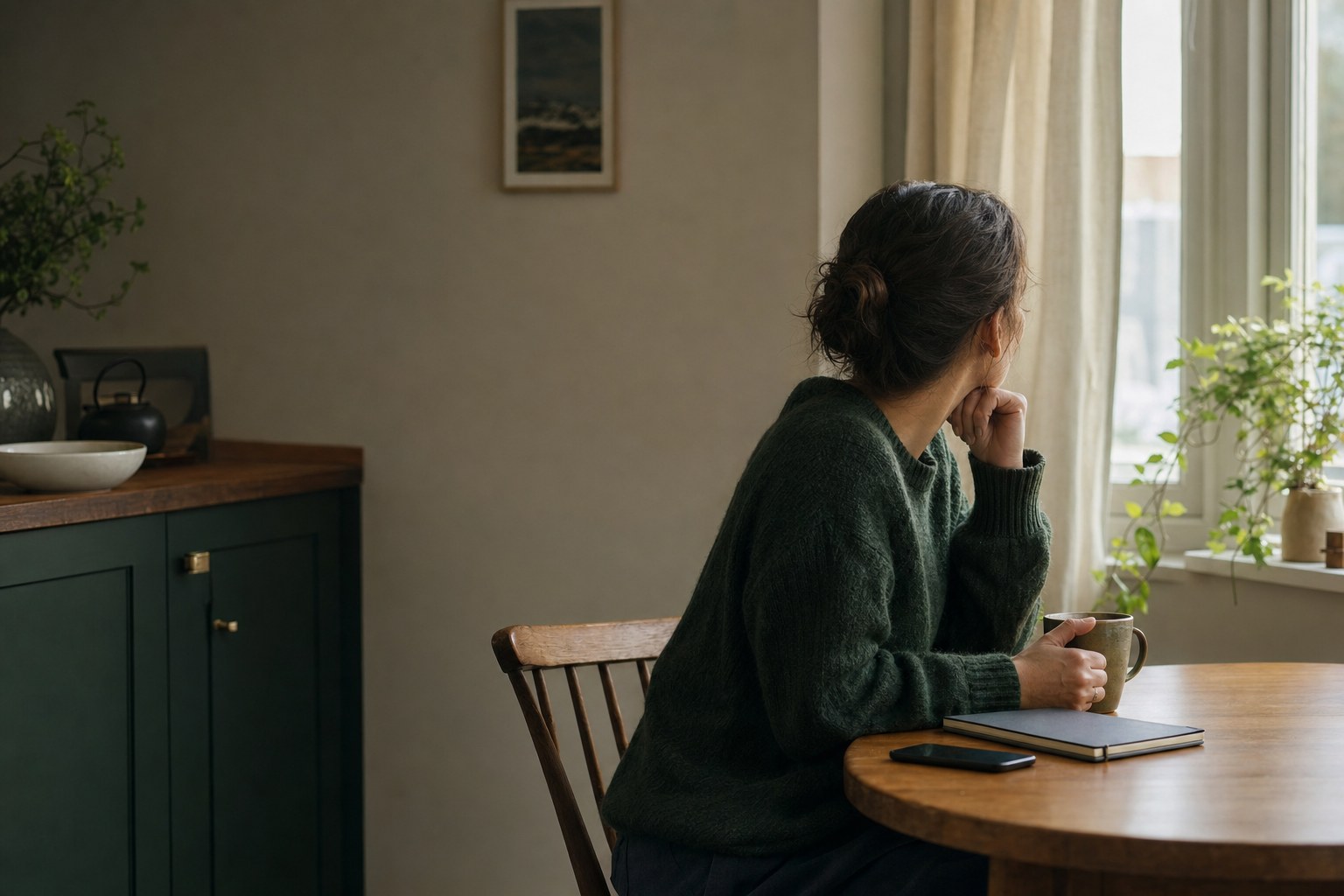 A woman sitting quietly at a kitchen table beside a notebook and phone