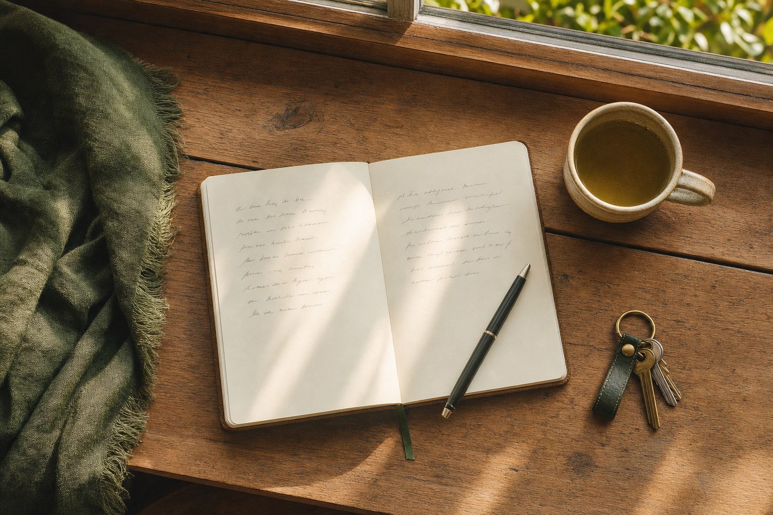 An open notebook, pen, tea, and keys on a wooden table near a window