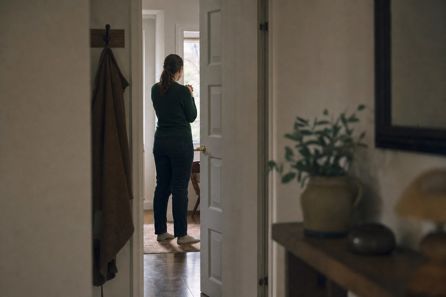 A woman standing quietly in a home hallway near an open doorway